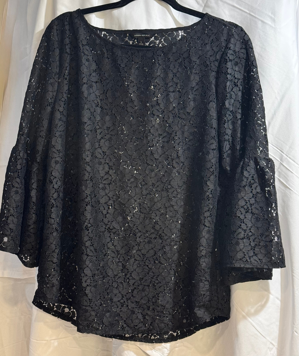Banana Republic Lace Blouse Black Bell Sleeve Size L